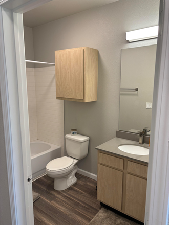 Bathroom (cabinets are slightly darker) - Apartment block away from campus