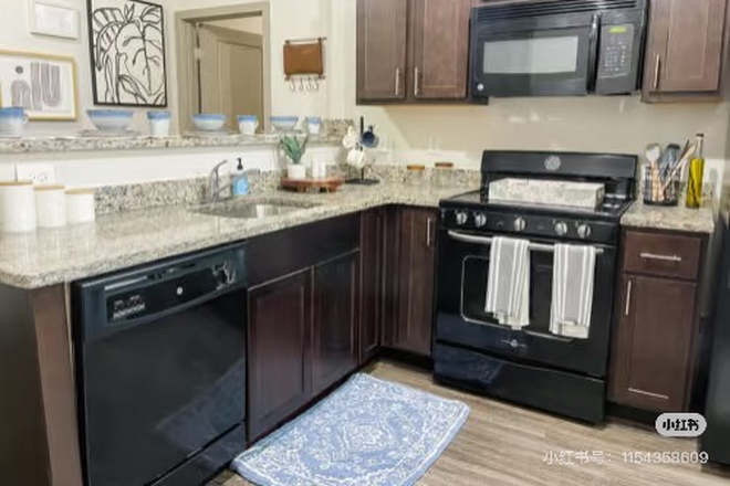 The kitchen features modern appliances, including a gas stove, microwave, dishwasher, and ample cabinet space. The granite countertops and o - The academy on Chalers Apartments
