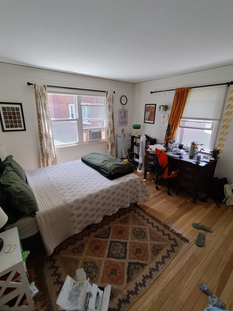 Bedroom (current setup); full size bed, plenty of floorspace, great light - Summer sublet in downtown Amherst Apartments