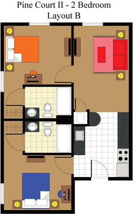 Rough floorplan based on what I could find on the website. I can send more pics once I actually move into the new apartment - Pine Court Apartments