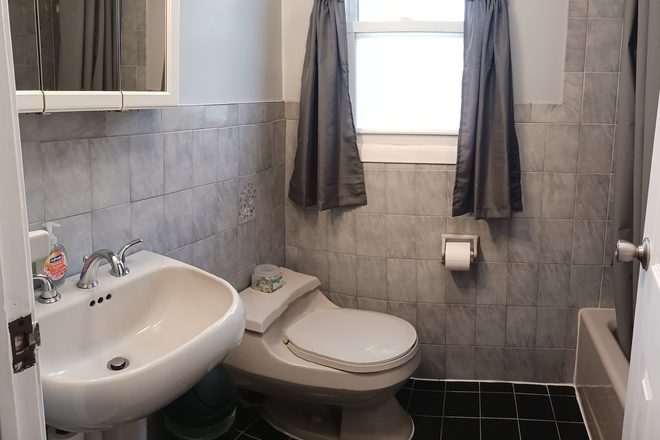 Shared bathroom with mirrored vanity and privacy curtain. - Short Walk to Hofstra House