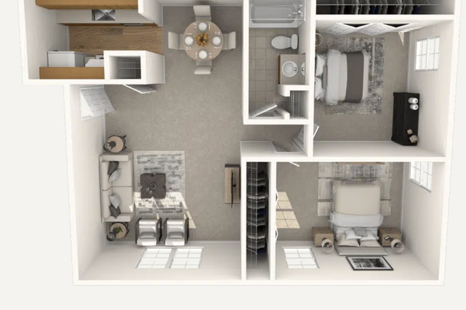 Floor Plan: the room with one window is available. 1 bath, kitchen, living space - The Boulders Apartments