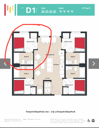 Floor plan and bedroom - Tempo Apartments