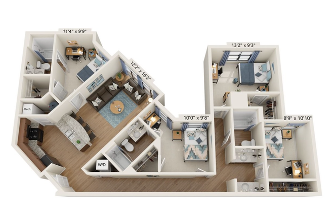 Bird's Eye Floorplan; Available rooms are the ones with private bathrooms in the top left corner and the one in the middle. - Varsity Apartments