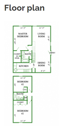 Floor plan of the apartment (the available room is the master bedroom on the first floor) - Puffton Village Apartments