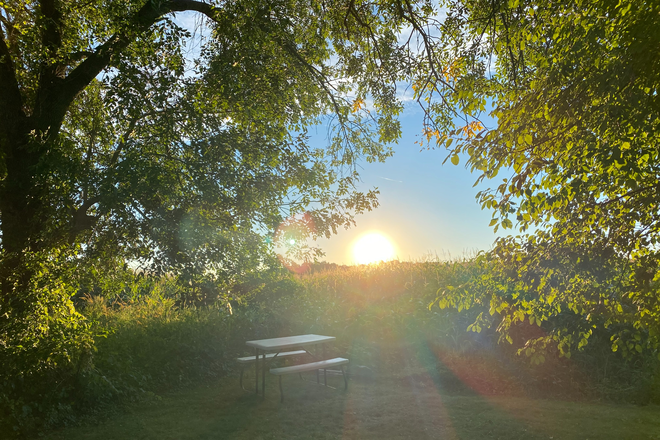 Backyard sunset view over corn fields in farmlands - Beautiful, Spacious 2-Bedroom, 2-Story Farmhouse Apartment 1.9 Miles to UMass!