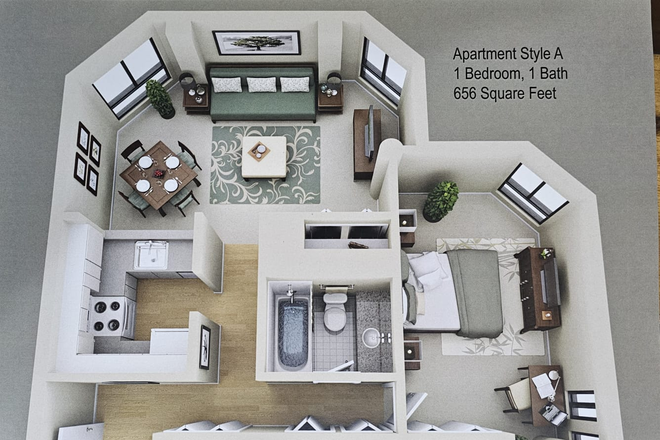 Spacious 1-bedroom, 1-bath apartment featuring 656 square feet of well-designed living space. - The Greenhouse Apartments
