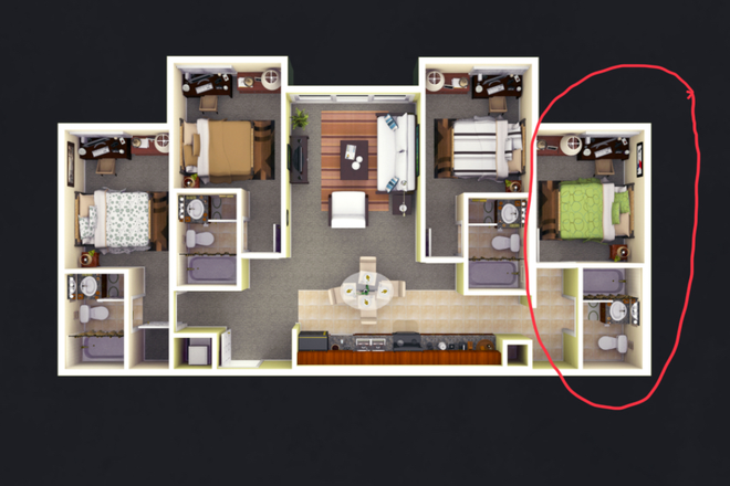 Entire unit photo example. Part circled in red is the format of the listed room - University Village Towers