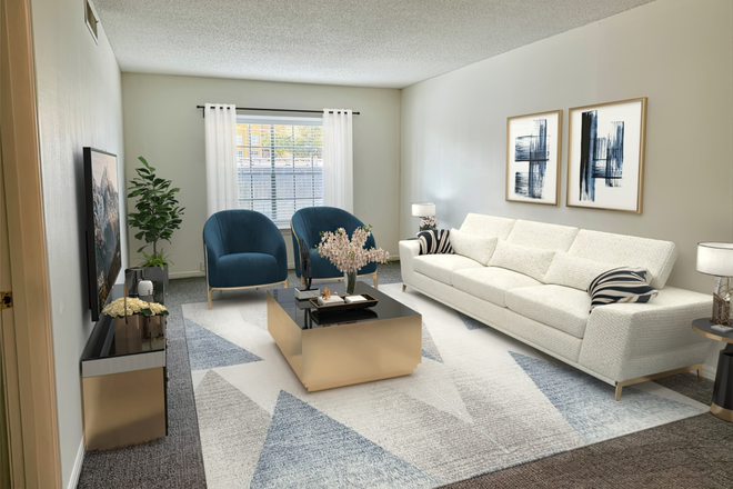 Living area with new carpet and freshly painted throughout - virtually staged - Top Level 1/1 Condo Near Rice U  with ALL UTILITIES INCLUDED!