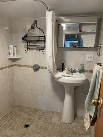 bathroom in the basement - small studio- furnished 1 bedroom own kitchen and bath Duplex