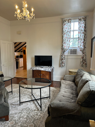 Living room seating, tv, ac, chandelier - Furnished Garden District 1 Bedroom apartment