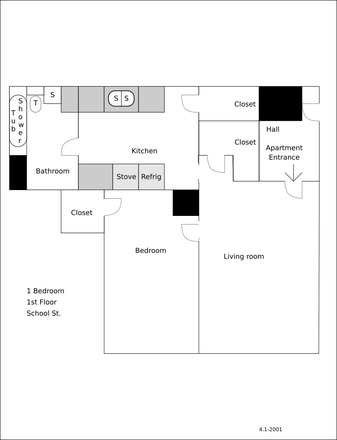 floor plan - School St. 1 bedroom $1500.00    Modern kitchen, walk to UVM and downtown Apartments