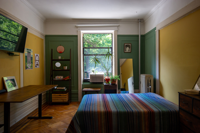 Bedroom, large window with prospect park view, semi-furnished, w/adjustable standing desk - Room for rent, Prospect Park view, 4 stops to NYU Apartments