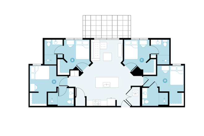 This is an image of my floor plan. I am room A! - Hub Blacksburg Apartments, 4 bedroom, amazing amenities, respectful and friendly roommates (girls)!!