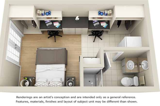 Studio layout with bed, two desks with shelves above, two storage closets, kitchen, and bathroom with shower, toilet, and sink. - College Manor Apartments Studio Sublet