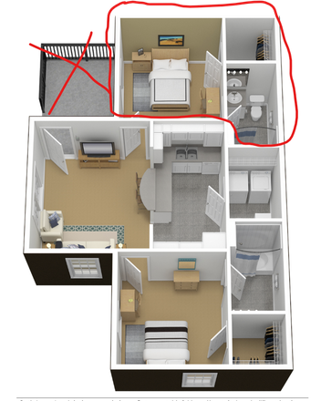 The circled bedroom would be the one being rented and it does not include a balcony. - 2 Bedroom/2 Bathroom - Standard Courtyard Apartment (1 Bedroom is available)