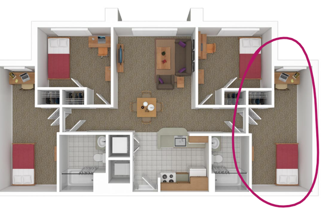 Bedroom to the far right - South Campus Commons Apartments