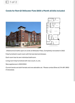 Outside and floor plan - Stillwater Flats 1 Bedrooms open in 4 bedroom Condo!! $650 all bills paid