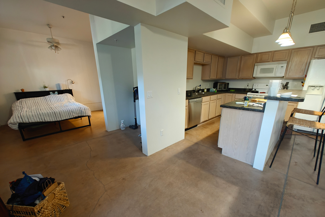 Picture from entry showing kitchen and laundry hookups - Academy Lofts