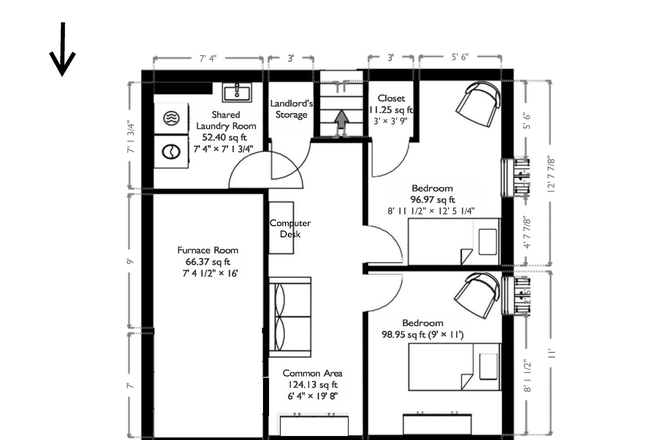 Floor Plan_2 - Furnished - 3 Generous bedrooms with large shared common tenant spaces, on site laundry. House