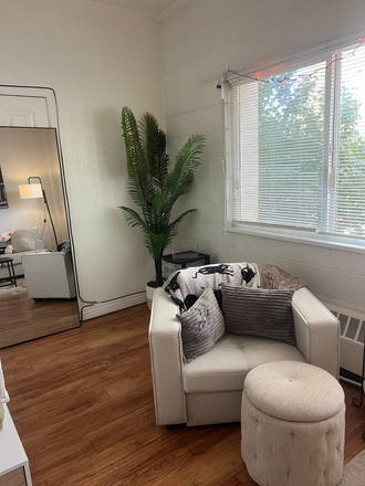 Living Room, Chair and Mirror - College Place Apartments