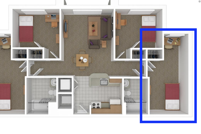Floorplan of unit, blue box is the room - Looking to transfer lease for a room in SCC 4 for June/July