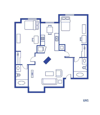 Floor plan 2x2 bathroom and bedroom - One bedroom with private bathroom in 2x2 University View Apartment