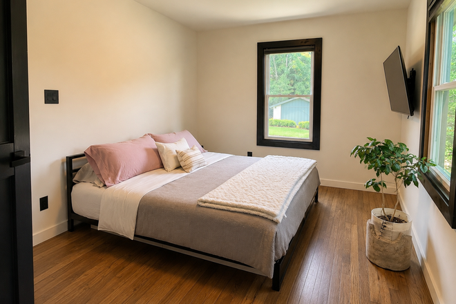 Bright furnished bedroom with king-size bed, TV, hardwood floors, and large windows. - Furnished Room in Renovated Home Near Emory/Mercer