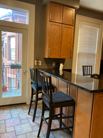 Kitchen w view of door to deck - BOSTON SOUTH END FULLY FURNISHED MODERN 2 BED ONE BATH. HEAT HOT WATER, WIFI, TV INCLUDED. Triplex
