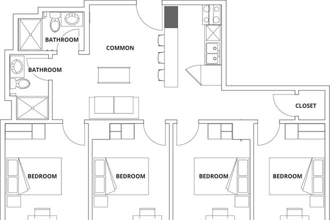 Floorplan - 1 Furnished bedroom in a 4 bedroom 2 bathroom student apartment with kitchen and living room