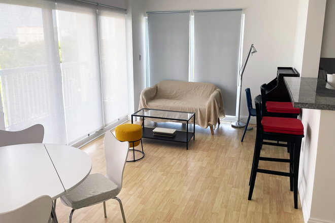 Living room with shades - 1 Bedroom apartment across Grove Central in the heart of Coconut Grove! - Villagio Apartments