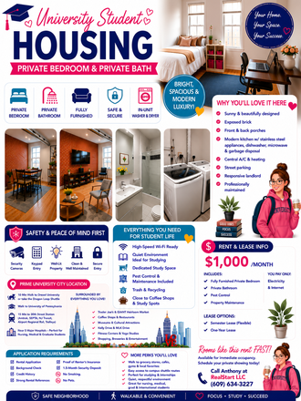 Infographic - Seeking Tenant (Female prefer) to share apt, walking distance to Campus, 34th Street, 1BD own bath