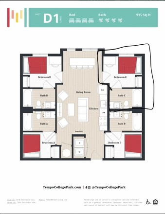 D1-Combo Floorplan with Room Circled - Tempo College Park Apartments