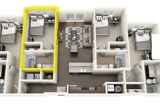 Floor Plan of the Unit with Personal Bedroom and Bathroom highlighted in yellow - University Park Apartments, Private Bedroom/Bathroom close to campus