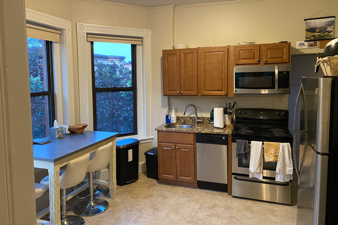Kitchen, includes fridge, dishwasher, electric stove, convection oven.  Bathroom is separate but behind oven wall. - 600+SQFT 1 Bedroom Apartment