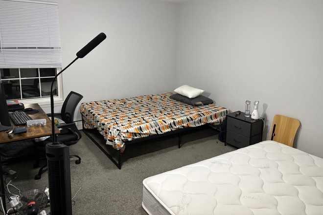 Furnished Bed with mattress, table, chair, monitor, fan, lamp, wifi, laundry, bathroom, kitchen (furnished with utensils). - The Boulders Apartments