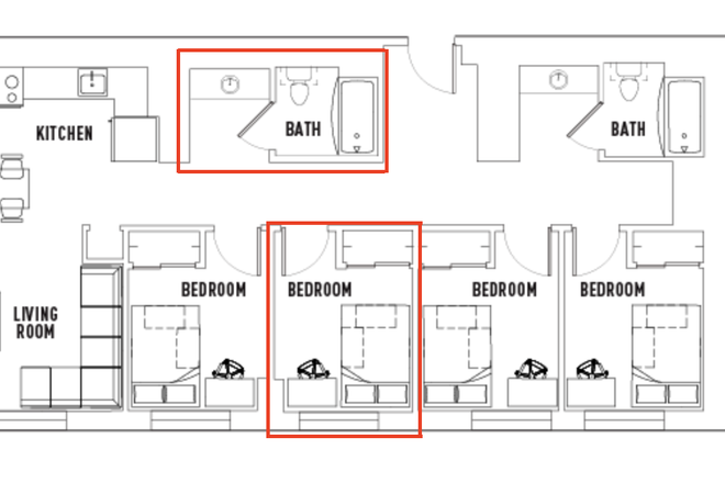 Unit Floor Plan with Room and Bathroom Highlighted - Lightview Apartments