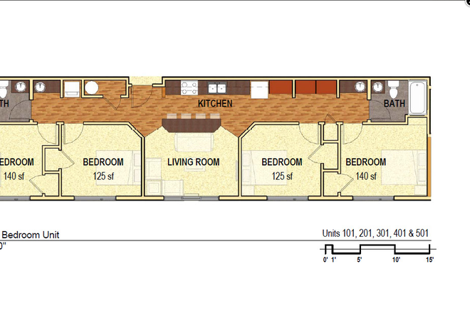 Apartment Layout - Prefontaine Unit 201. 1 Bedroom Left, 4 Bedroom 2 Bath Unit. Super close to campus. Apartments