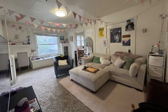 Living room, view upon entering the apartment - Axia Apartments - located on 11th and College