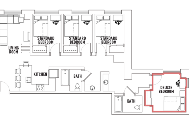 Unit layout, bedroom for sublet outlined in red - LightView Private Deluxe Bedroom Summer Sublet