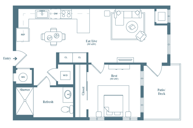 Floorplan ("Walker" layout, mirrored) - Income-restricted 1BR in East Boulder, direct bus to campus!