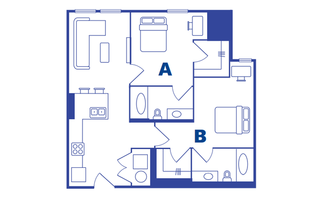 Layout of 2x2 not exact but similar - 42nd Lark 2x2 Opening Apartments