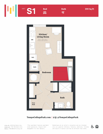 Floorplan - Tempo Apartment - Studio (next to campus, parking, in-unit W/D dishwasher, gym, pet-friend