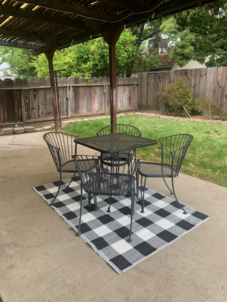 Outdoor seating area with covered patio. Fenced backyard area. - Quiet home, two furnished bedrooms with a shared bath, co-ed house