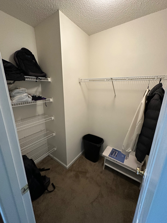 Desk + office chair, a small bed table, bed + mattress and a four floor drawer included in the room. - Carolina Creek Apartments