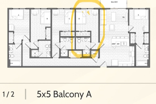 Balcony floorplan, taking over room D. - Uncommon Auburn Apartments