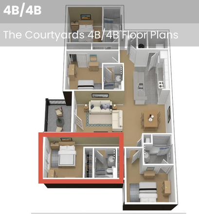 Floor plan of 4 bed, 4 bath apartment at Courtyards. Red rectangle is the listed unit. - Courtyards at UMD