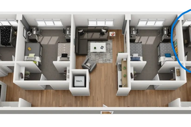 Top view of floorplan - 1 Bedroom Dorm on Downtown Campus (UnionWest) Rental