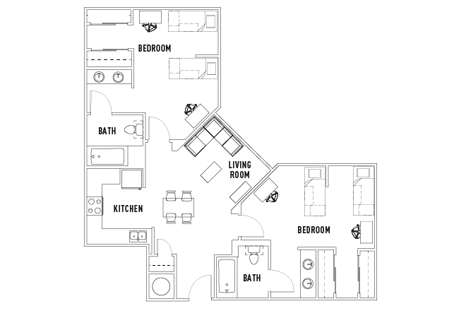 PV's 2 Bed - 2 Bath B Shared Floorplan - Plaza Verde - 2 Bed 2 Bath B Shared Room Apartments