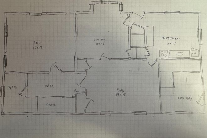 Sketch of layout with approximate measurements of 1st floor.  Ceilings are over 9 feet. (South is at top.) - LARGE 2 Bedrm Apt Available in Old Farmhouse with Character on10 acres! 4 Miles to Campus. Private